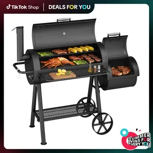 Captiva Designs Heavy Duty Outdoor Smoker, BBQ Charcoal Grill with Offset Smoker, Large 512 SQ.IN. Cooking Area, Smokeless Design Portable Grill for Backyard