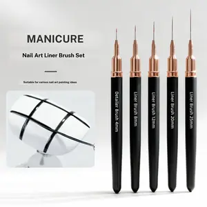 Nail art pens, liner brush set — 5 black nail tools for long lines, thin details, fine drawing; liner brushes for UV gel polish painting and nail design; sizes 7 mm, 9 mm, 11 mm, 15 mm, 25 mm.