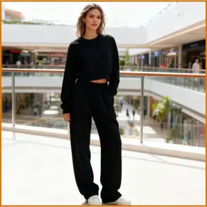 JH Women's Crop Fleece-Lined Round Neck Sweatshirt & Wide Leg Pants 2-Piece Set - Soft Cotton Stretchy Cozy Athleisure Everyday Wear  Must-Have Fall/Winter 2-Piece Set!