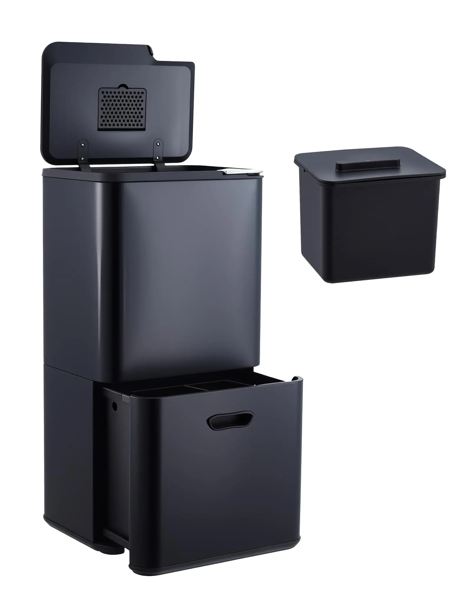 Garvee 16 Gal Dual Kitchen Trash Can with 2 Compartments (33L + 28L), Stainless Steel Garbage and Recycle Bin Combo, Removable Inner Buckets, Odor Control, Black