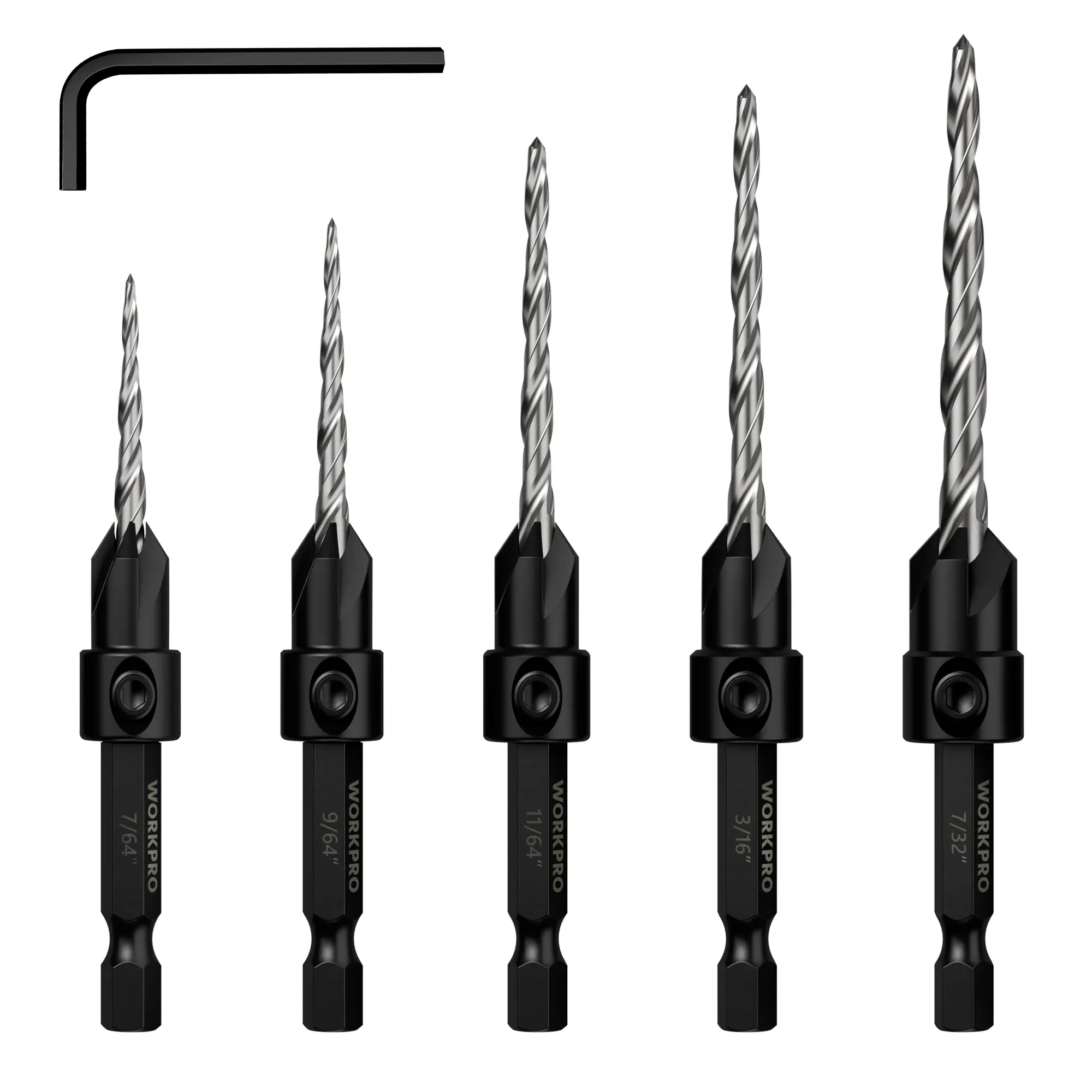 WORKPRO 5-Pack Countersink Drill Bit Set, #4, #6, #8, #10,#12, M2 HSS, 4-Flute Design, Adjustable with Included Hex Key, Ideal for Woodworking & Metal Drilling