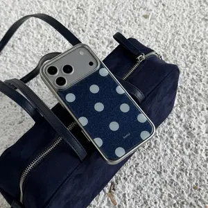 Silver Color Dripping Glue Denim Blue Polka Dot Phone Case for Apple iPhone Series, Stylish Women's Mobile Cover, Simple Design, Phone Accessory