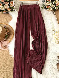 Women's High-Waisted Loose Fit Wide Leg Pants, Elastic Waist Casual Long Trousers, Daily Wear Commuter Summer Style Womenswear