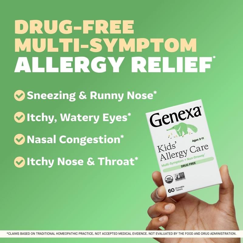 Genexa Kids Allergy Care | Drug Free, Non-Drowsy Children's Allergy & Decongestant Remedy | Vegan & Non-GMO | Homeopathic Relief Made Clean | Delicious Organic Acai Berry Flavor | Chewable Tablets Ages 3-11