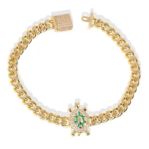14K Gold Plated Turtle Charm Bracelet 7" Elegant Cuban Link with Green Stone and Rhinestones Luxury Unique Design Sparkling Details