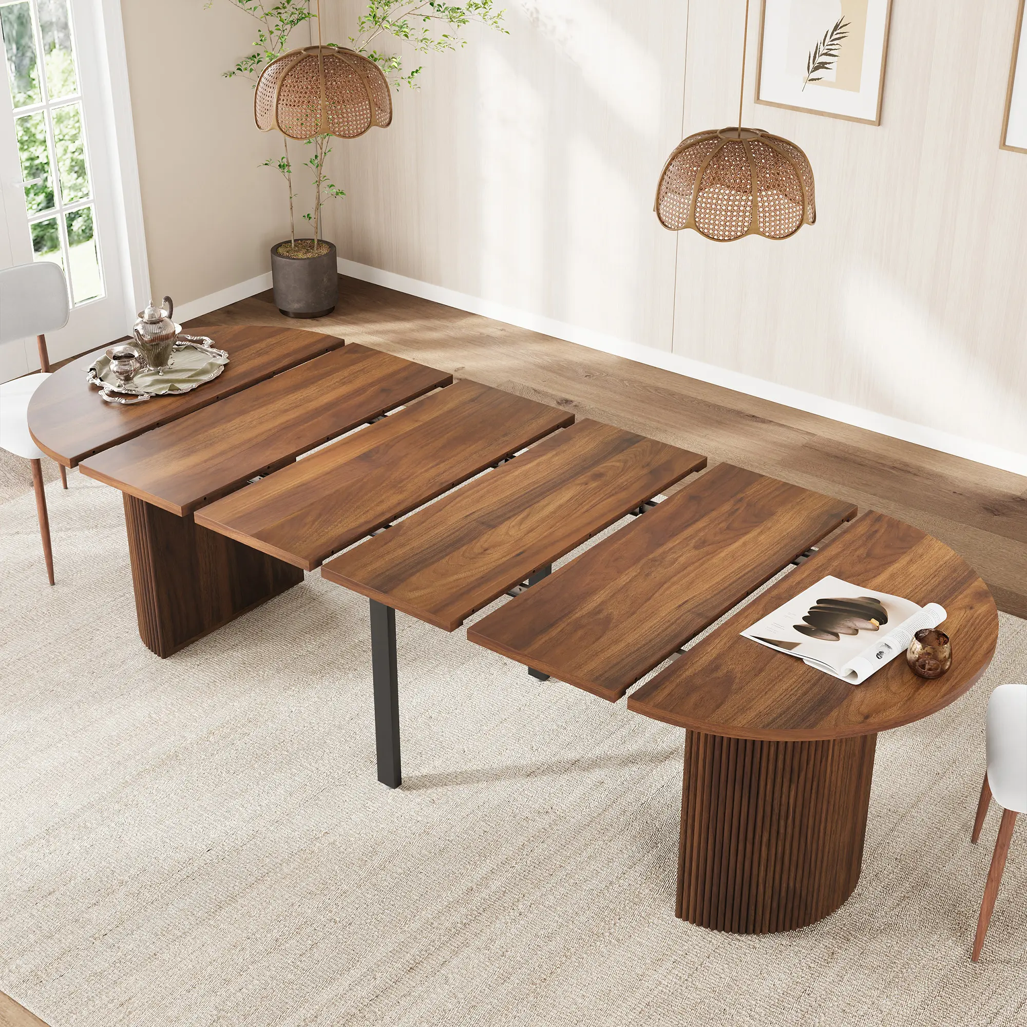 Giratree Extendable Dining Table, Round to Oval Expandable Kitchen Table with Fluted Pedestal Base, Modern Farmhouse Dinner Table for 4-8 People, Dining Room and Living Room