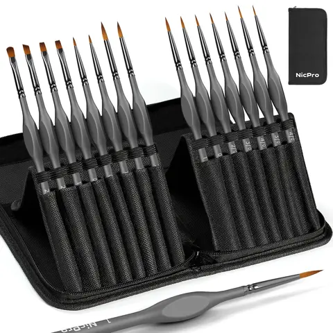 Nicpro 15-Pack Fine Acrylic Detail Brushes Set with Nylon Holder - Office Art Supplies for Hobby Artists, Ergonomic Handle Design, All Detailing, Liners & More, Non-Rolling Model Painting Tools