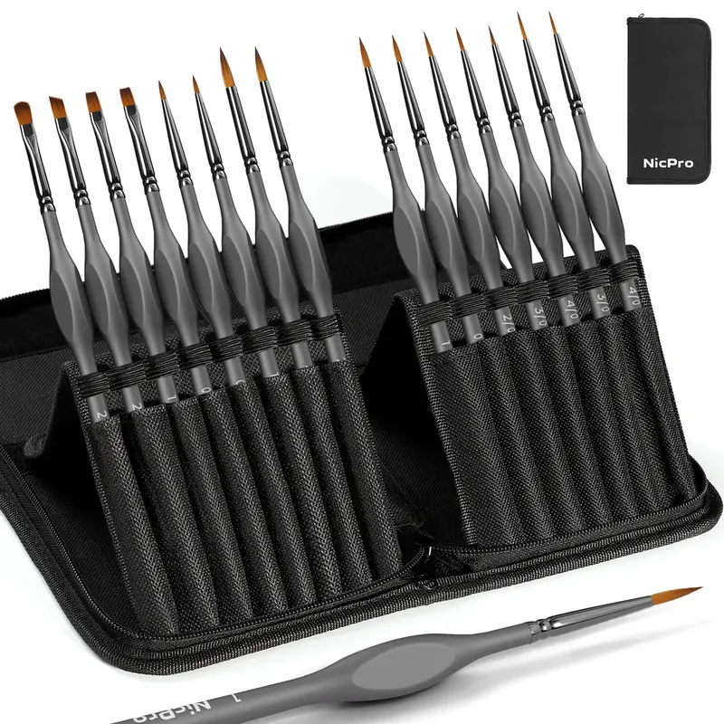 Nicpro 15-Pack Fine Acrylic Detail Brushes Set with Nylon Holder - Office Art Supplies for Hobby Artists, Ergonomic Handle Design, All Detailing, Liners & More, Non-Rolling Model Painting Tools