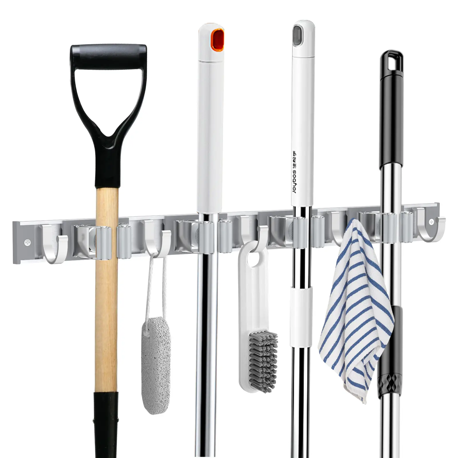 4 clips, 5 hooks,Stainless Steel Broom Hanger Wall Mount，Broom and Mop Holder Wall-Mounted， for Home Kitchen Garden Laundry Garage.