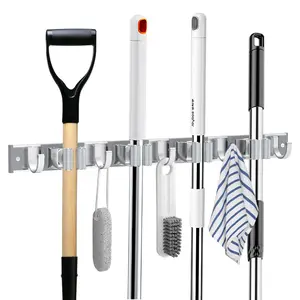4 clips, 5 hooks,Stainless Steel Broom Hanger Wall Mount，Broom and Mop Holder Wall-Mounted， for Home Kitchen Garden Laundry Garage.