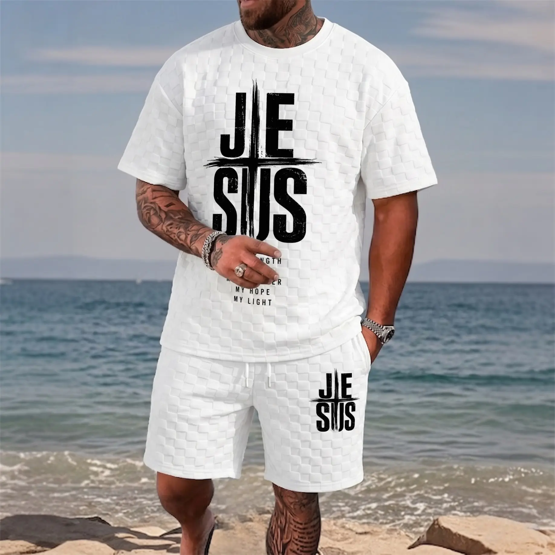 Men’s Jesus Cross Graphic Textured T-Shirt & Drawstring Shorts Set, Faith Inspired Two Piece Outfit For Daily Wear And Sports