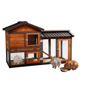 Wooden Rabbit Hutch with Run - Outdoor Indoor Bunny Cage and Chicken Coop House