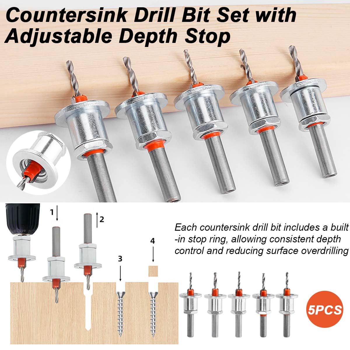Countersink Drill Bit Set 5Pcs(2.8/3.0/3.2/3.5/4mm), Woodworking Countersink Drill Bits with Adjustable Bit Depth Stop for Wood.(8mm Countersink Diameter)