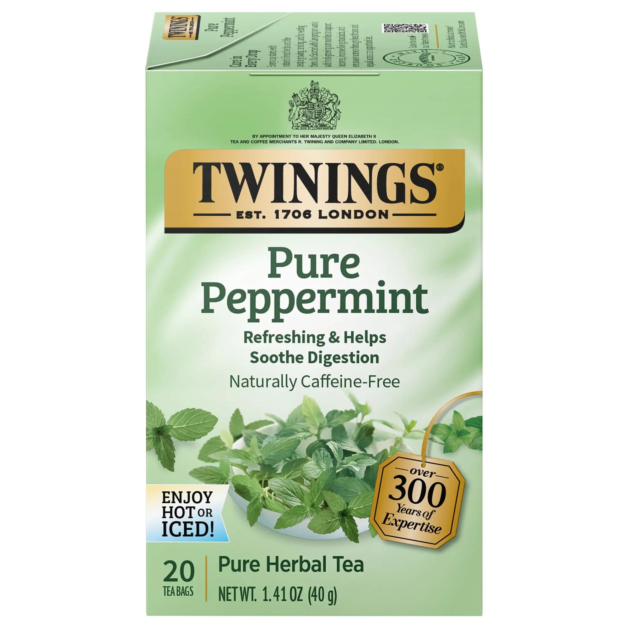 Twinings Pure Peppermint Individually Wrapped Tea Bags, 20 Count (Pack of 1), Fresh Minty Flavour, Naturally Caffeine Free, Enjoy Hot or Iced | Packaging May Vary