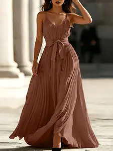 ZANZEA Women's V-Neck Sleeveless Pleated Dress with Belt, No Pockets, European and American Fashion, Casual Daily Wear, Stylish and Comfortable