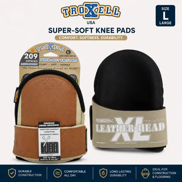 TROXELL USA Knee Pads for Work – SuperSoft Leatherhead Construction Knee Pads for Flooring Installation, Roofing, Gardening, Adjustable Strap, Size Large
