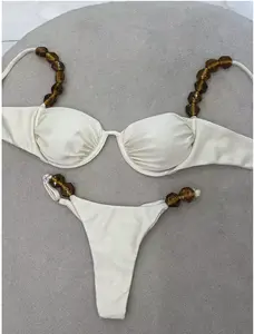 Women's Luxe Beaded Underwire Bikini Set – Shimmer High Cut Brazilian Swimsuit, Adjustable Straps, Beach Vacation Swimwear, High Leg Brazilian Swimwear for Beach & Resort Vacations, family vacation outfit