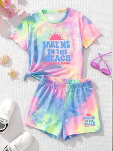 Girls' Boho Tie Dye Set, Rainbow Gradient Short Sleeve Top & Shorts, Summer Fashion Two-Piece, Loose-Fitting Kids Clothes, Print Set, Summer Clothing Set