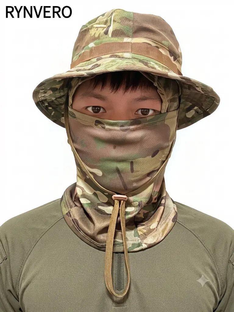 RYNVERO-Camouflage Tactical Boonie Hat + Tactical Sun-Protection Full-Face Mask Set; an outdoor bucket hat combo featuring a breathable mesh design—ideal for hiking, camping, fishing, gardening, and outdoor work.