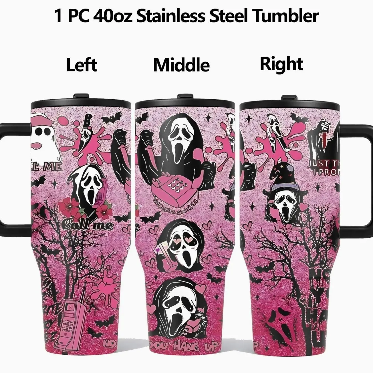 1 Pc 40oz pink horror inspired insulated tumbler with handle and lid, spooky ghost mask stainless steel vacuum cup, funny retro scary movie travel mug for iced coffee water tea, keeps hot 12h cold 24h, Halloween gift for women horror fans