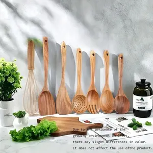 Teak Wood Kitchen Utensil Set - 7-Piece Natural Teak Spoon & Spatula, Eco-Friendly Non-Scratch Pot Friendly, Made in China