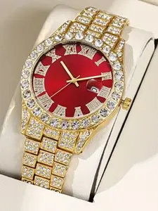 1 piece - Men's Watch, Luxury Men's Quartz Analog Wristwatch, Stylish Watch - Fashionable Roman numerals, adorned with luxurious gold toned crystals, large round dial, men's gift