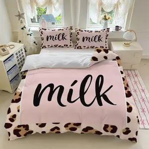 3pcs leopard print pink square milk bedding set (1*Duvet Cover + 2*Pillowcase, Without Core)+Soft comfortable and breathable Suitable for bedroom guest room hotel dormitory rooms