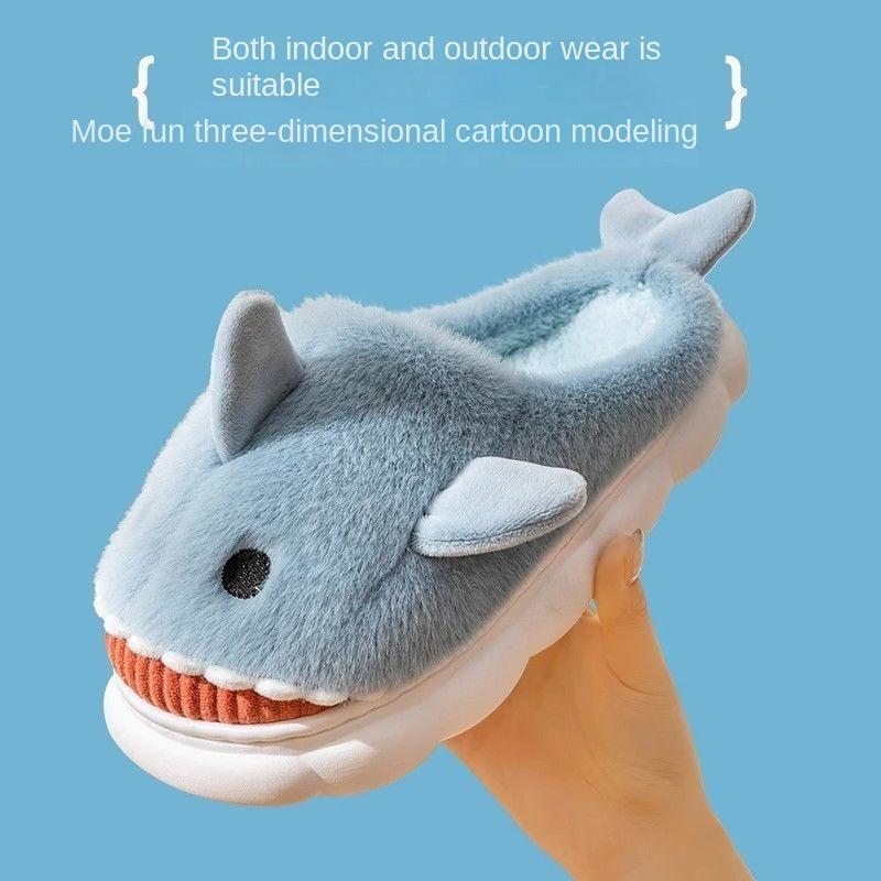 Cotton Slippers for Women Winter  Shark Cartoon Cute Fleece Lined Thick Anti-Slip Quiet Indoor Warm Cotton Shoes