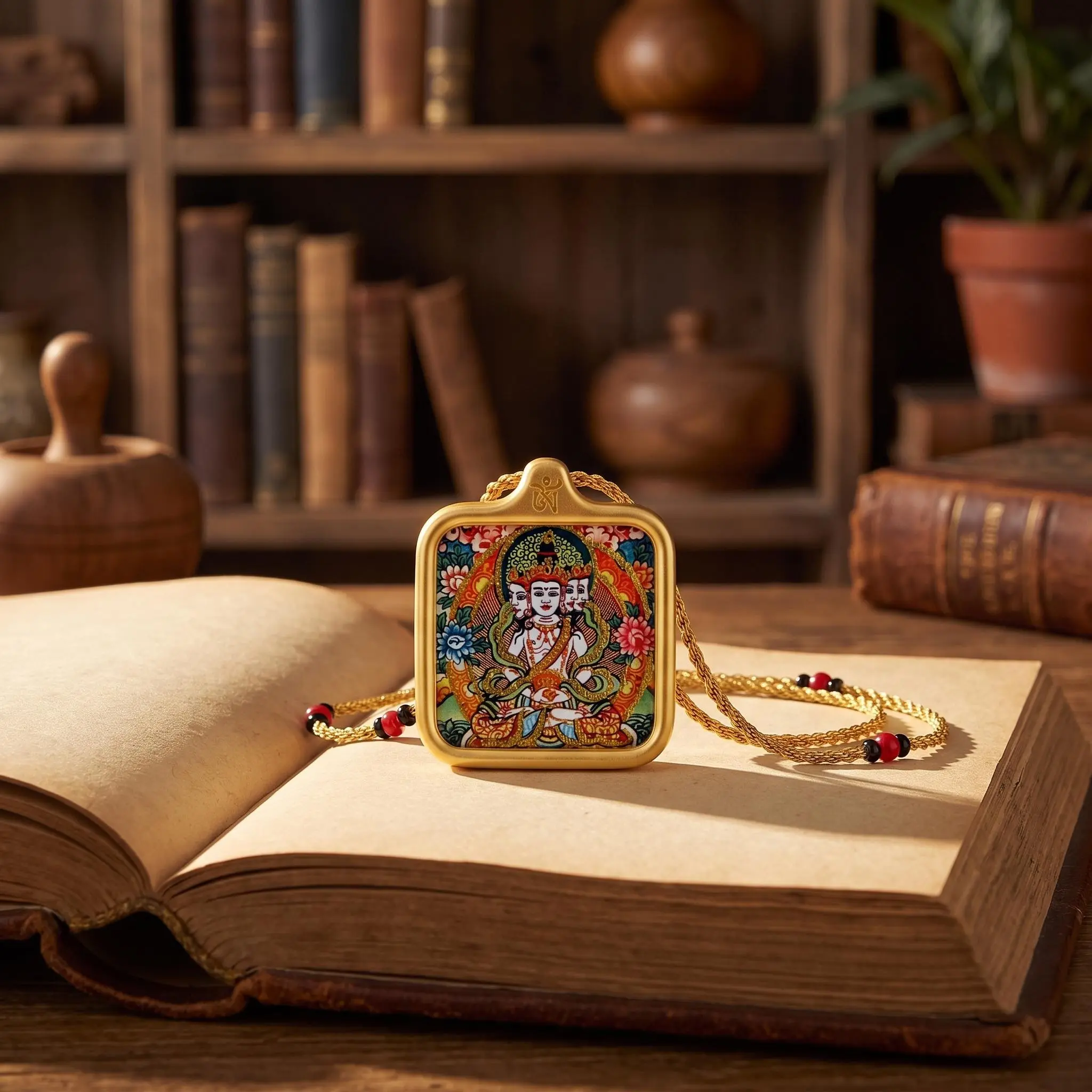 Vintage Oriental Art Locket Pendant - Small Gold-Plated Box with Interchangeable Canvas Insert