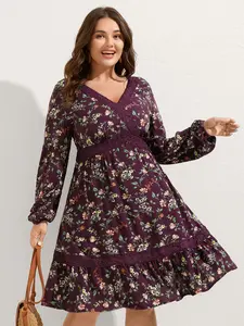 BLOOMCHIC Women's Plum Floral Print Lace Trim Knee-Length Smooth Chiffon Dress - V-Neck Long Lantern Sleeves Fit Womenswear Swimweek