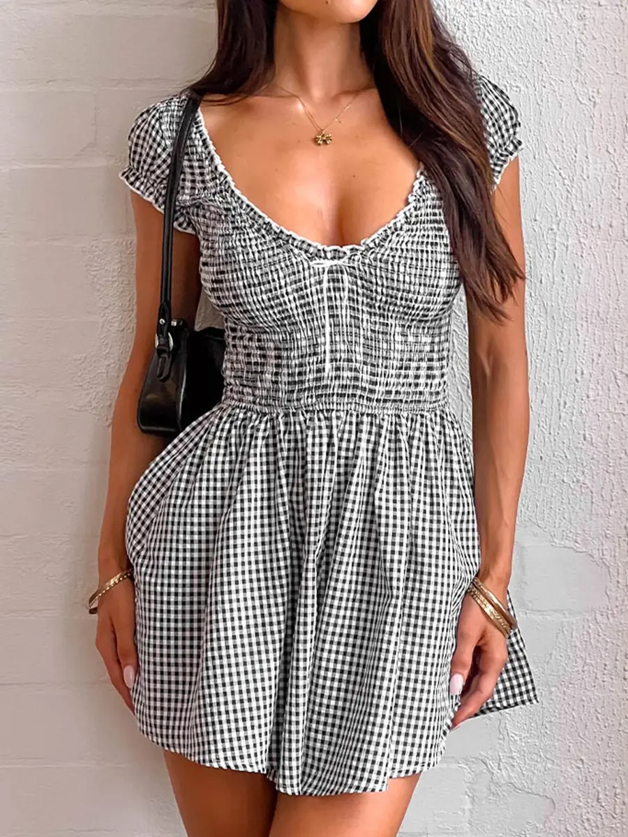 Pretty Dress Plunging V Neck Gingham Mini Dress Vacay Dress Park Dress Aura Dress Short Sleeve Flowy Casual Summer Dress