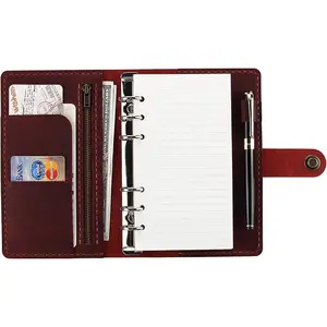 Leather Writing Journal Notebook Refillable, A6 Personal Size Traveler's Notebook with Pockets, 6 Ring Binder Planner Notebook with Pen Holder-