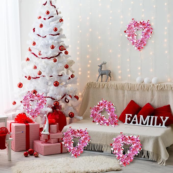 Valentine's Day Heart Wreath 8/6/3 Pcs Red Pink Tinsel Heart Shaped Hanger Wreath for Front Door Window Wall Mantle Kitchen Cabinet Romantic Atmosphere Valentines Decor Wedding Decorations Anniversary Birthday Party Spring Indoor Outdoor Home Decor