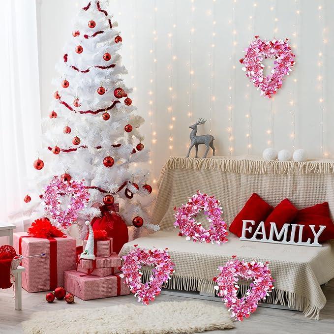 Valentine's Day Heart Wreath 8/6/3 Pcs Red Pink Tinsel Heart Shaped Hanger Wreath for Front Door Window Wall Mantle Kitchen Cabinet Romantic Atmosphere Valentines Decor Wedding Decorations Anniversary Birthday Party Spring Indoor Outdoor Home Decor