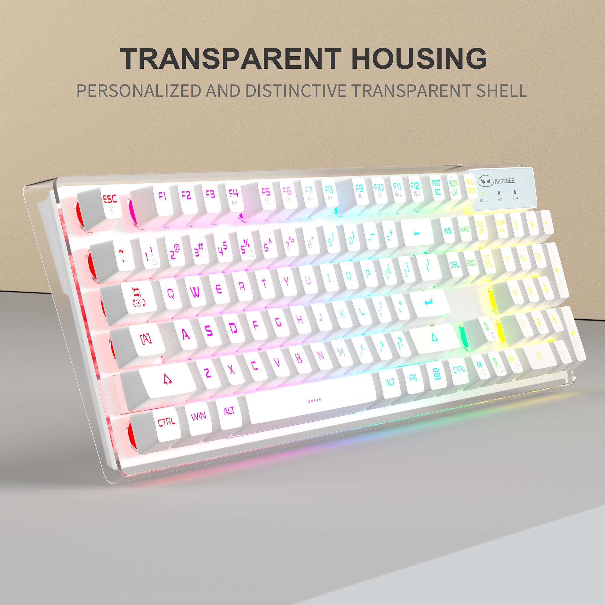 MageGee V550 Wireless Gaming Keyboard and Mouse Combo, 2.4G Rechargeable RGB Backlit Keyboard with Clear Shell, Full Size Waterproof Keyboard & LED Mice for PC/Laptop - White