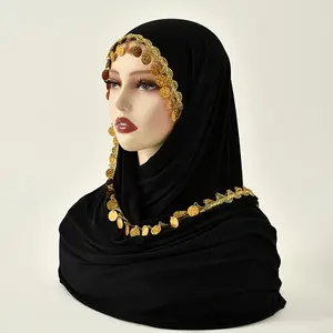 Women's Elegant Muslim Hijab Scarf with Golden Sequin & Bead Decorations - Breathable Polyester, Snug Fit for Weddings, Ramadan, Eid, Parties - White/Black Modest Head Cover for Daily & Special Occasions, Hijabs for Muslim Women, Pull On Hijab, ,Christmas