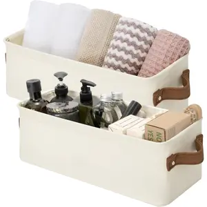 Narrow Storage Bins, Small Basket for Closet and Shelves, Fabric Organizer with Handles, Toilet Paper Storage, Natural Color, 2-Pack