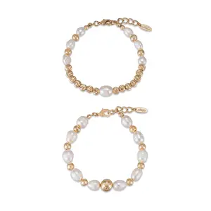 Ettika Perfect Days Freshwater Pearl Bracelet Set 18kt Gold Plated Adjustable 7" with 1" Extender for Adults
