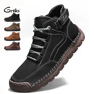 GREKS Men's Ankle Casual Boots with Dual Lace & Strap Adjust Handmade Comfort Walking Shoes Breathable Vents Comfortable Driving Shoes Black Boots Fall Boots