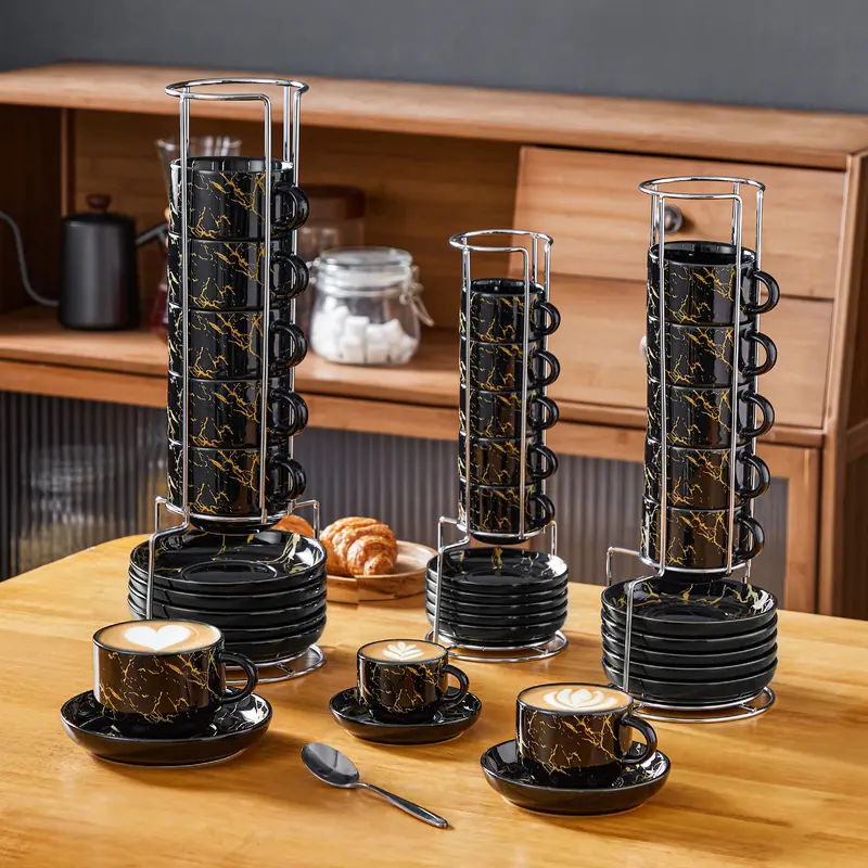MALACASA 3/5/9 OZ Porcelain Espresso Cups (includes saucers and metal cup holder) 6-Piece Set, Stackable Cappuccino Cups, Coffee Cups, and Tea Cups, Marble-Patterned Espresso Cup Set, Perfect for Espresso, Lattes, and Tea