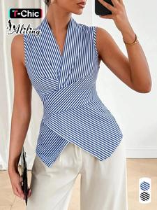 women's striped print blouse, elegant casual v neck sleeveless top for summer, ladies clothes for daily wear