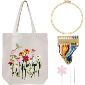 Embroidery Kit Canvas Tote Bag for Beginners, Cross Stitch Kits for Adults, DIY Needlepoint Crafts with Hummingbird Floral Pattern, Reusable Grocery Shopping Bag for Women