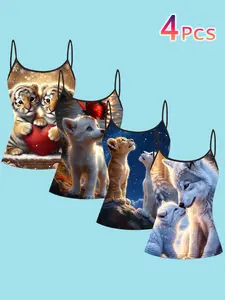 4 Piece Set Cute Baby Animal Print Strapless Tops, Casual Fashion Vest for Women, All Season Wear, No Collar, Trendy Cross-Border Hit
