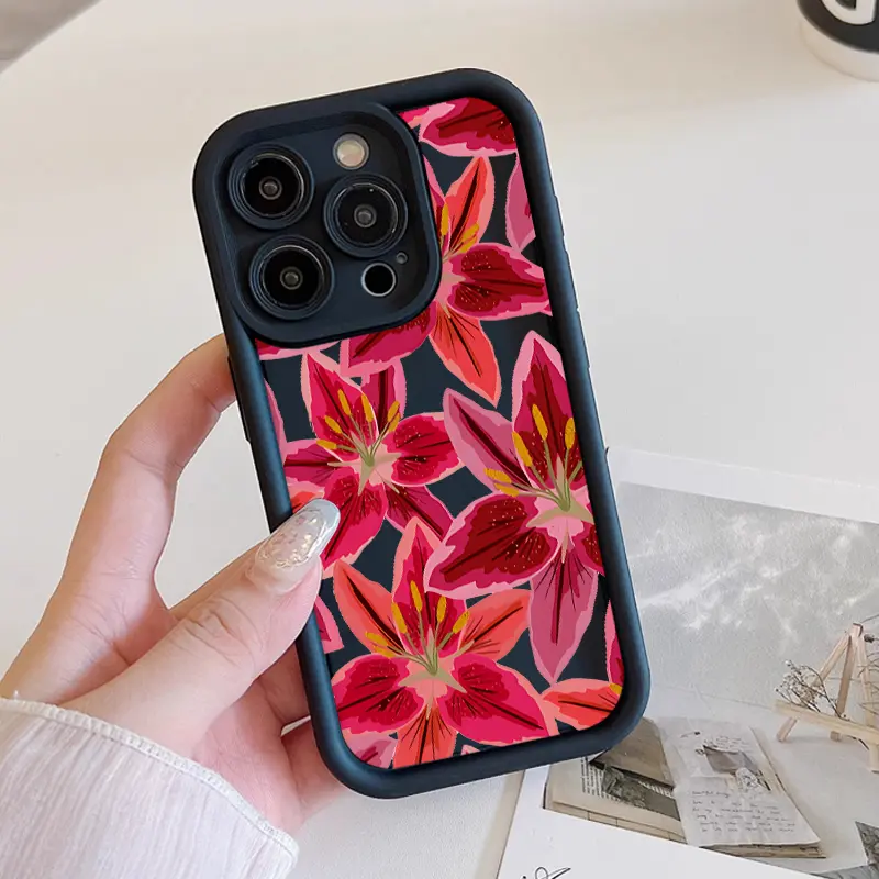 Softcase for iPhone11/12/13/14/15/16/promax/x/xs/xr/xsmax CaseVibrant pink lilies pattern Anti-Fall Shockproof Protective Slim Cover