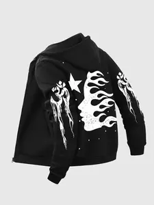 Unisex's Letter & Fire Print Zip Up Hoodie, Casual Regular Fit Long Sleeve Drawstring Pocket Hooded Outerwear for Fall & Winter, Unisex's Clothes for Daily Wear, Hoodie Sweatshirt