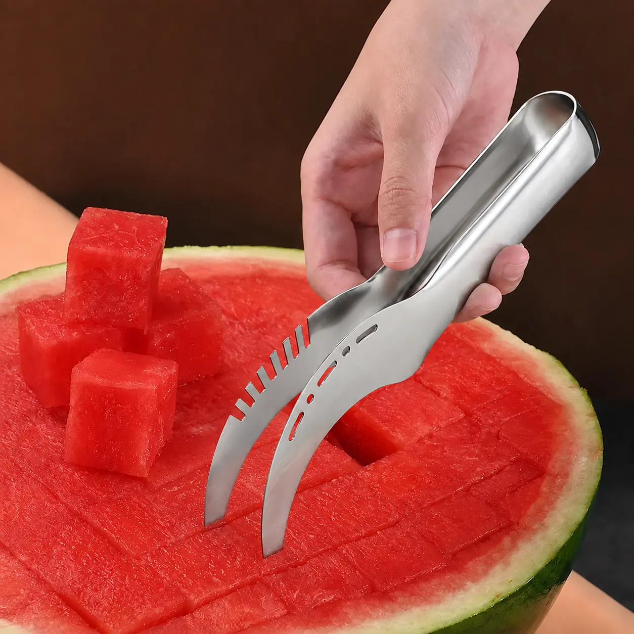 Watermelon Slicer Cutter Tool, 2-in-1 Stainless Steel Fruit Cube Cutter and Serving Tongs, Kitchen Gadget for Picnic and BBQ food peeler