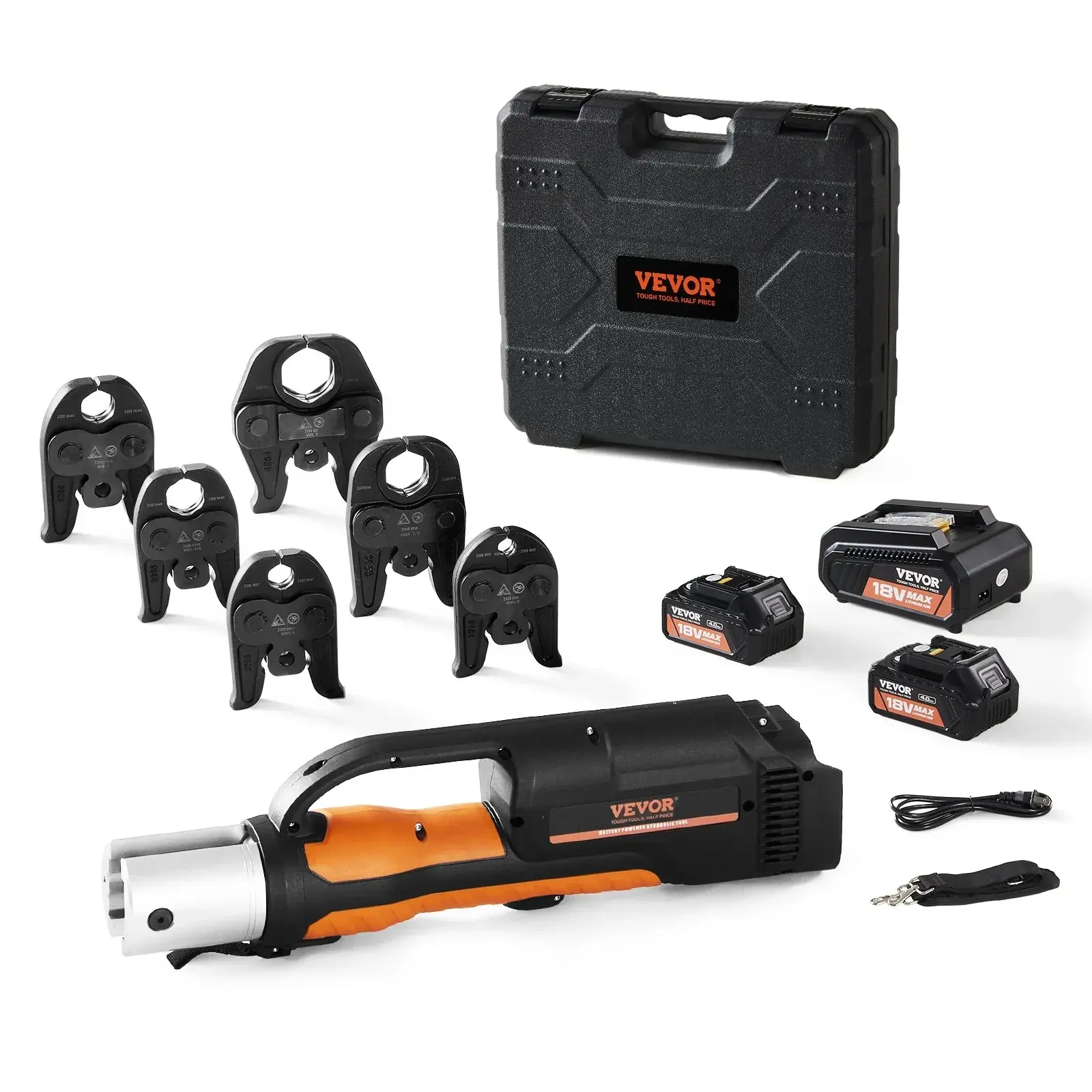 【summerfinds】VEVOR Pro Press Tool, 18V Electric Pipe Crimping Tool for 1/2" to 2" Stainless Steel, Copper, PEX Pipes, Press Tool Kit with 6 Pro Press Jaws, 2PCS 4AH Battery, Fast Charger & Carrying Case