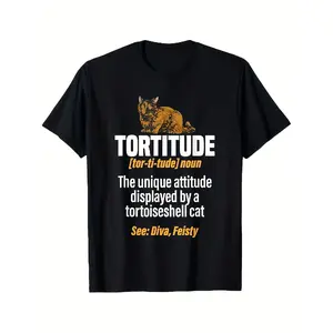 'S & 'S Short  Men's & Women's Tortitude Tortoiseshell Cat T Shirt Tortie Cat Lover Gift 220gsm Heavyweight Pure Cotton Retro Black Tee with Tortitude Definition & Tortoise Tabby Design Short Sleeve Casual, PLUS SIZE