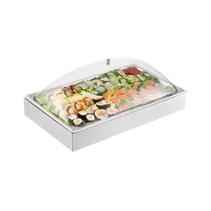 VEVOR Countertop Food Serving Display Container, 1x 1 Pan Stainless Steel Food Serving Tray, Buffet Condiment Dispenser Display Rack with Clear Arc Lid 3 Ice Trays, for Restaurant, Hotel, Party