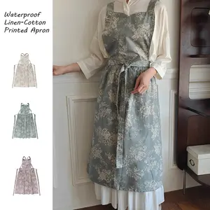 Waterproof Linen-Cotton Floral Apron With Pockets,Vintage Style Flower Dress Apron For Kitchen Cooking,Artist,Florist,Garden,